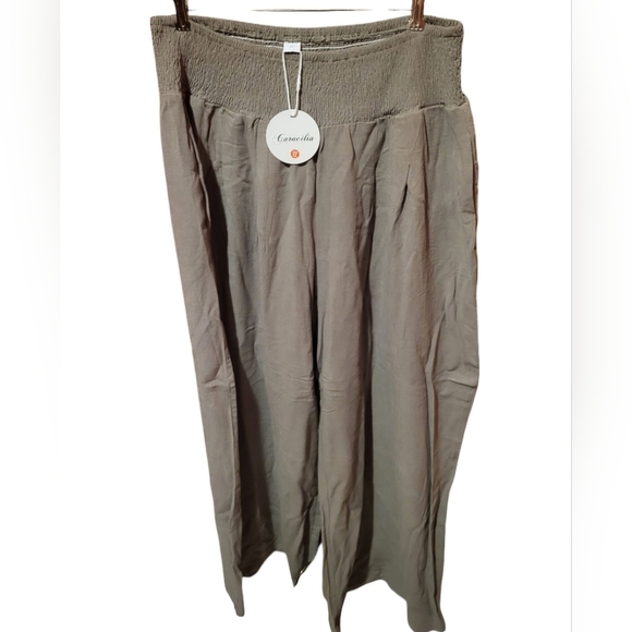 Caracilia Wide Leg Taupe Linen Blend Pants With Smocked Stretchy Waist Size XL - Picture 2 of 6